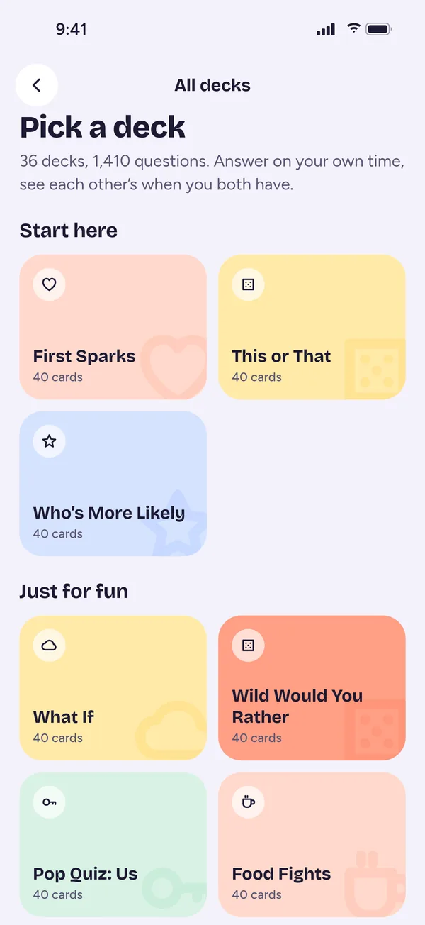 Deck picker with colourful question decks