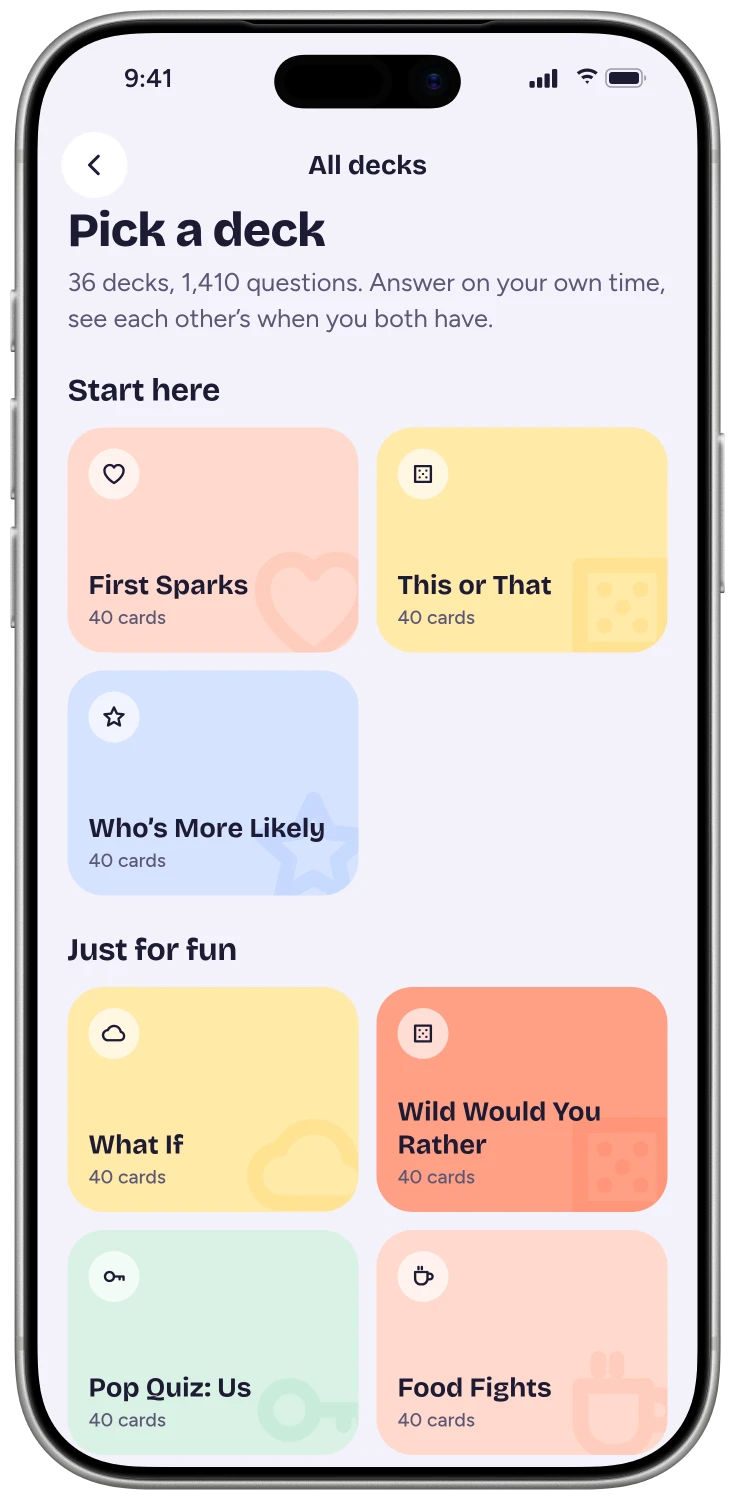 Deck picker with colourful question decks