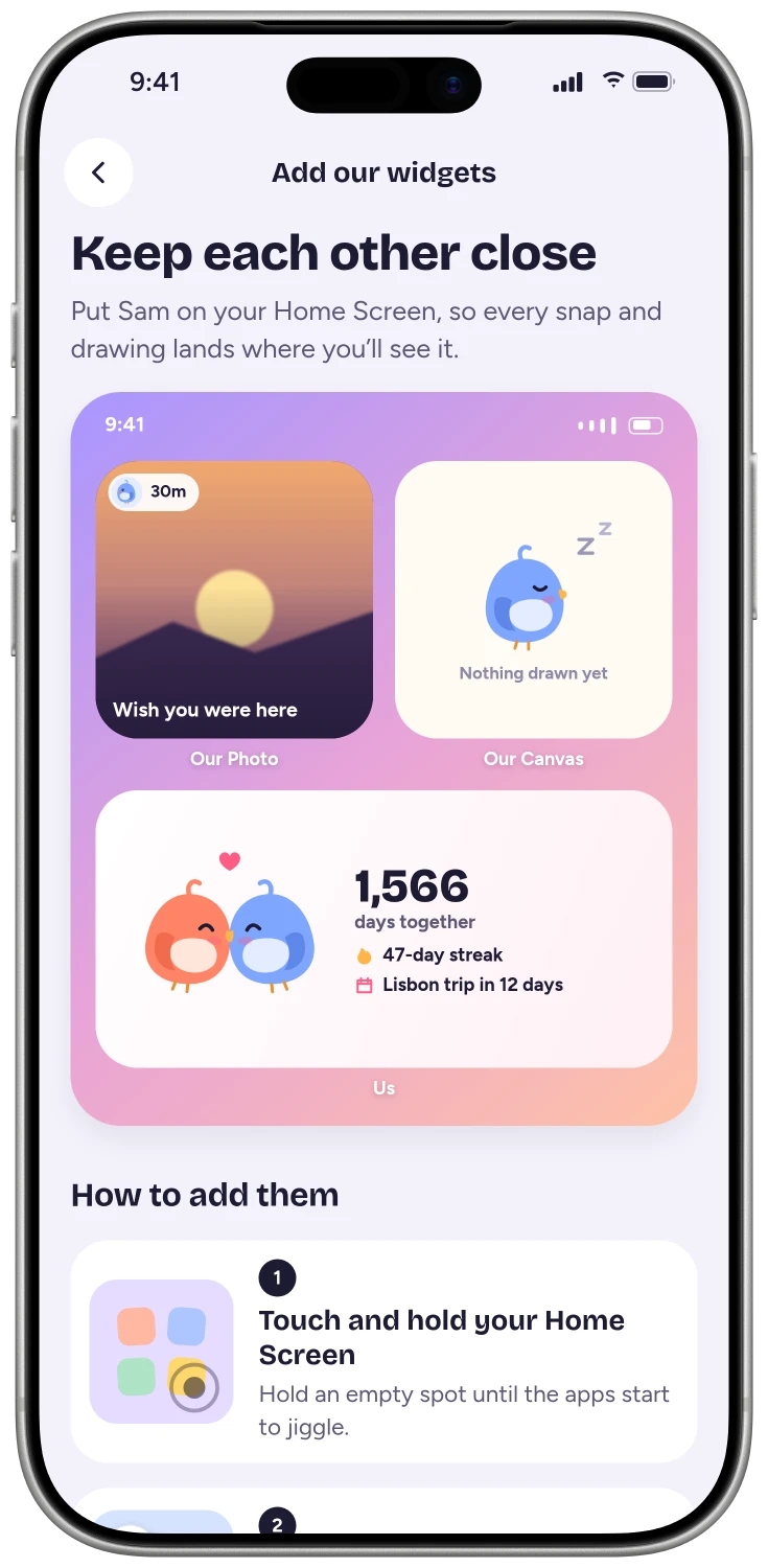 Home Screen widgets showing a photo, a drawing and a countdown